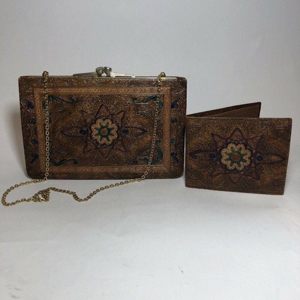 VTG 70s Tooled Leather Handbag + Wallet set